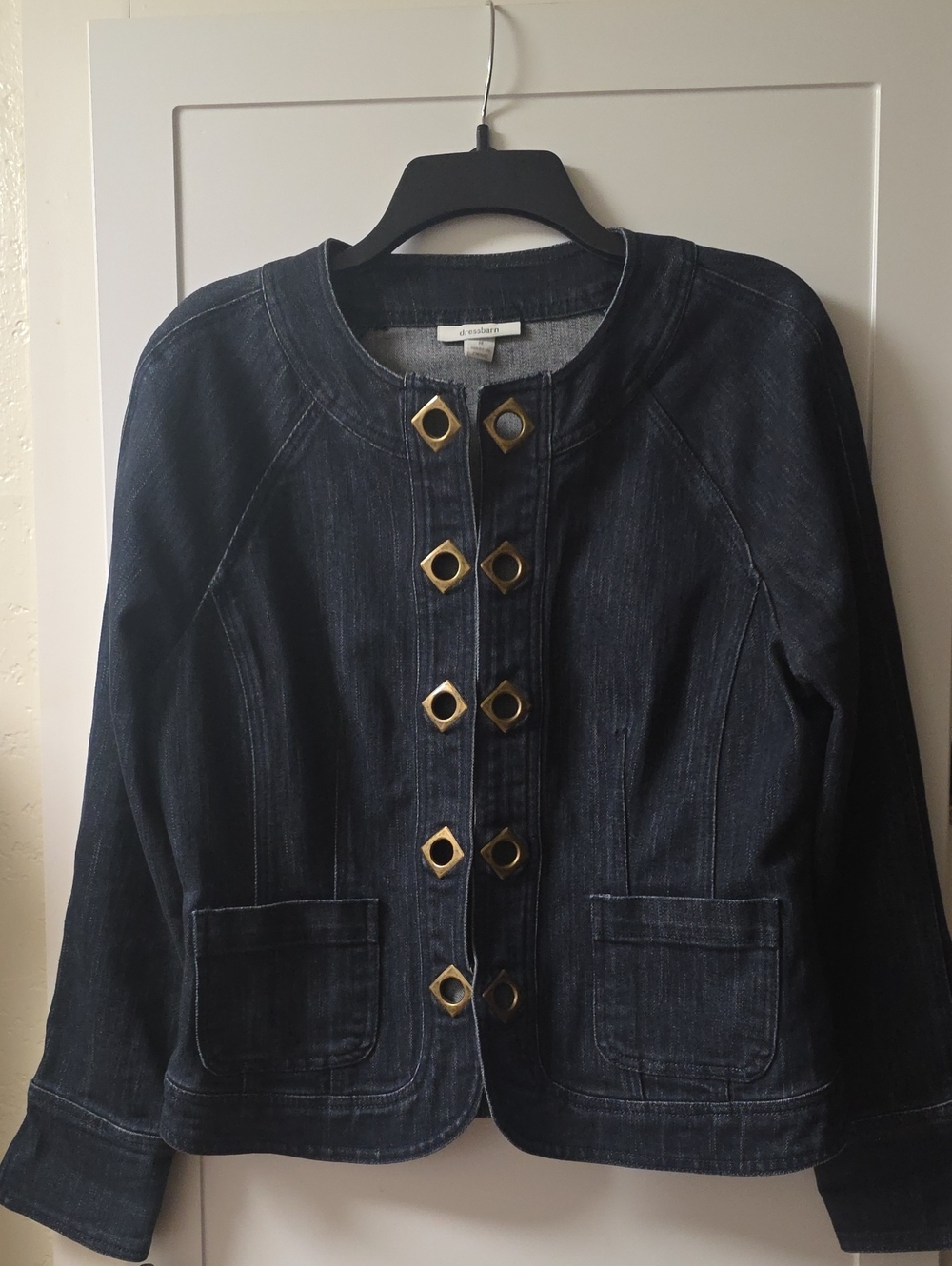 dressbarn Dark Indigo Collarless Jean Jacket with Gold Grommet Accent Buttons M